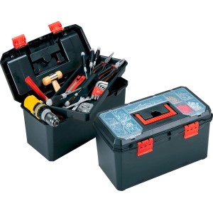 Due valigette porta attrezzi nere, una aperta con attrezzi, l'altra chiusa con piccole parti.