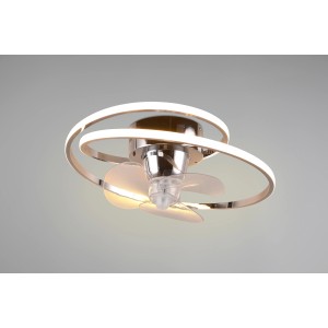 Plafoniera LED moderna con ventilatore, design a spirale, finitura cromata.