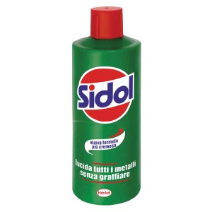 Sidol lucidante per metalli, flacone verde con tappo rosso. Pulisce e lucida i metalli.