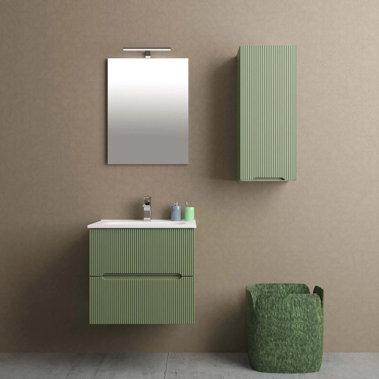 Set di mobili da bagno verdi con lavabo, specchio e armadio per un design elegante del bagno.
