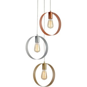 Lampada a sospensione moderna con tre paralumi rotondi in argento, rame e oro.