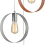 Lampada a sospensione moderna con tre paralumi rotondi in argento, rame e oro.