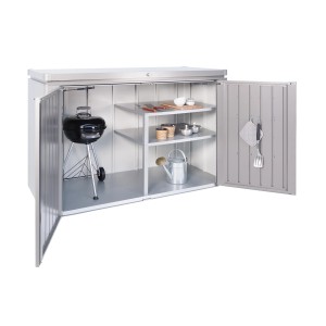 Box da giardino Biohort HighBoard 200 aperta in grigio quarzo metallizzato con grill e ripiani.