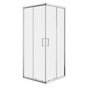 Box doccia t.b.t. con vetro trasparente e telaio argentato.