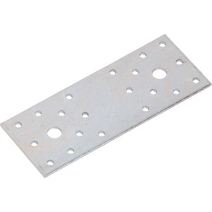 Connettore piatto zincato rettangolare (140x55 mm) con fori multipli per fissare parti di mobili.