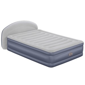 Letto da campeggio gonfiabile con testiera integrata, ideale per avventure all'aria aperta.