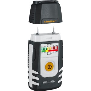 Laserliner WoodTester Compact: Misuratore di umidità del legno con cappuccio protettivo e display LED per legna da ardere.