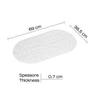 Tappetino doccia ovale bianco con rilievi e dimensioni (69 x 38,5 cm).