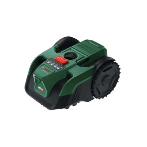 Robot tagliaerba Bosch VISIMOW18V-100 verde e nero con pulsante stop rosso. Tosaerba robot compatto per il giardino.