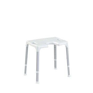 Sgabello da doccia bianco con gambe regolabili in alluminio. Accessorio per doccia.