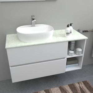 Mobile bagno t.b.t. bianco con lavabo da appoggio e ripiani a giorno.
