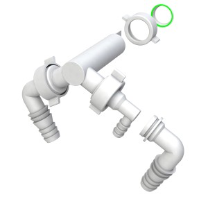 Sifone per lavatrice e lavastoviglie, dettagli delle parti in plastica bianca.