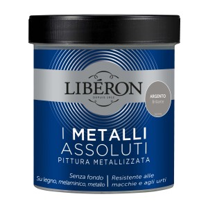 Barattolo blu scuro di vernice metallizzata Liberon, tonalità Argento Brillante.