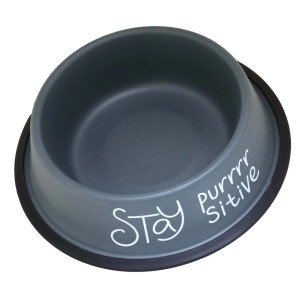 Ciotola per cani grigia con scritta "Stay Purrrsitive".