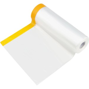 Telo di copertura trasparente con nastro Washi giallo su rotolo. Ideale per lavori di pittura e protezione.