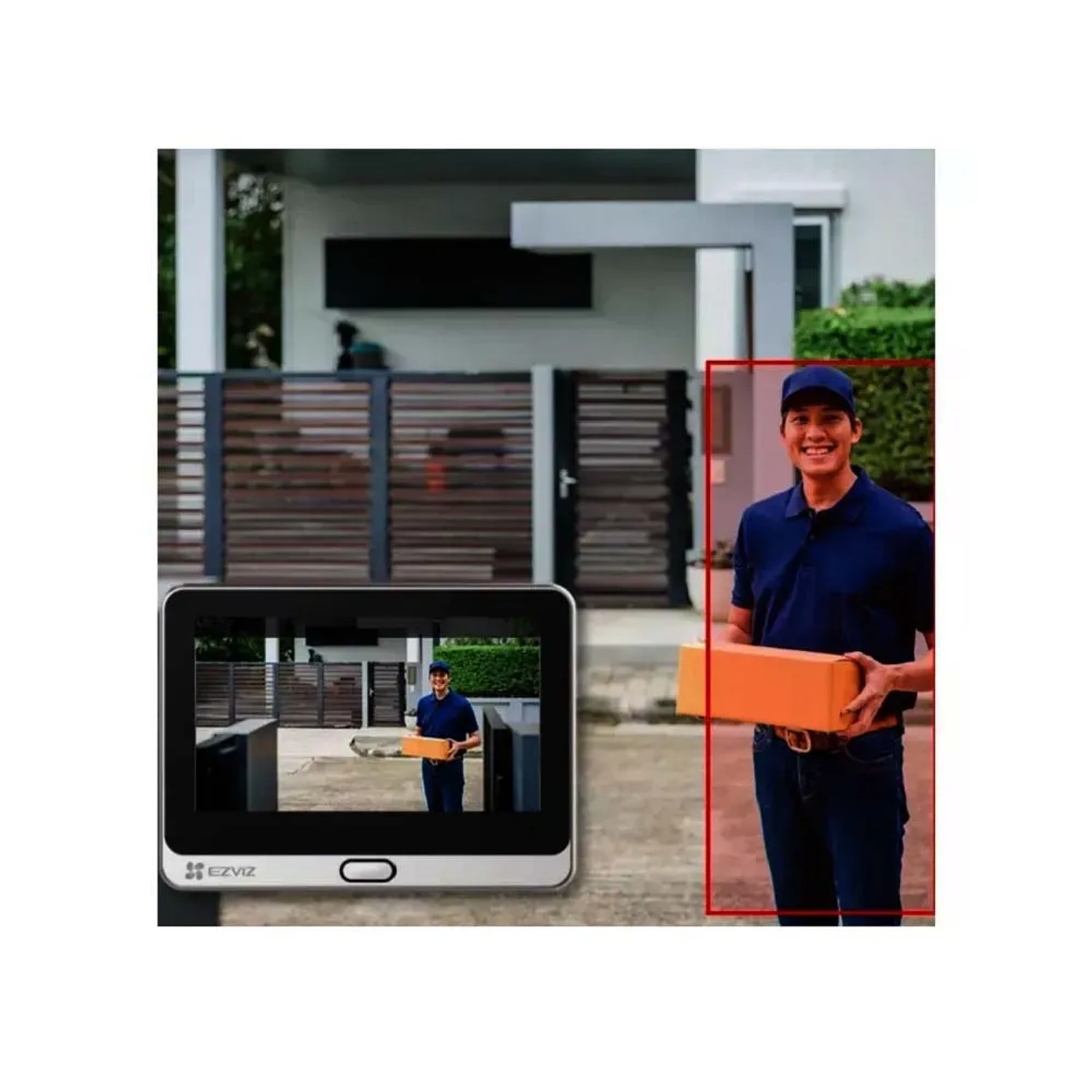 Videocitofono wireless Ezviz DP2C con monitor che mostra il corriere alla porta.