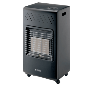 Stufa a gas t.b.t. nera con griglia di protezione e ruote.