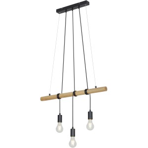 Lampada a sospensione moderna con tre lampade, legno e metallo nero, ideale per sale da pranzo.