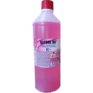 Bottiglia di alcool denaturato rosa 90° per pulizia domestica.