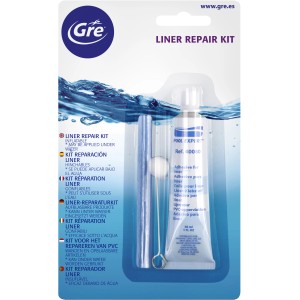 Kit di riparazione per liner piscina con colla, applicatore e pezza.