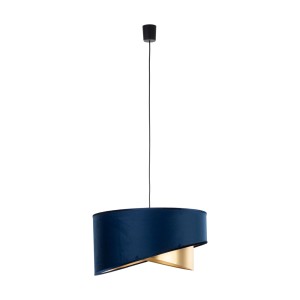 Lampada a sospensione moderna con paralume in tessuto blu e accento dorato.