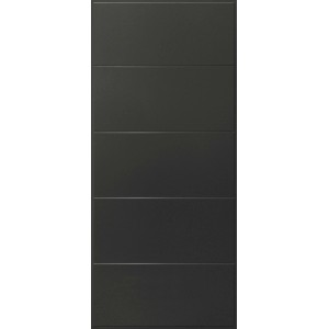 Moderna porta blindata t.b.t. grigia con linee orizzontali. Porta robusta per una maggiore protezione.