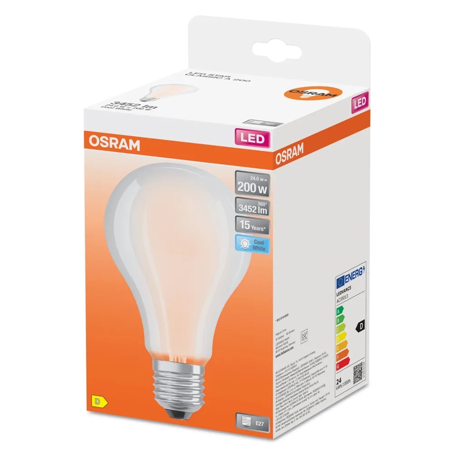 Confezione di una lampadina LED E27 Osram con bulbo in vetro opaco.