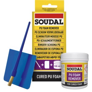 Soudal Rimuovi Schiuma PU 100 ml con spatola. Rimuove schiuma PU indurita da superfici.