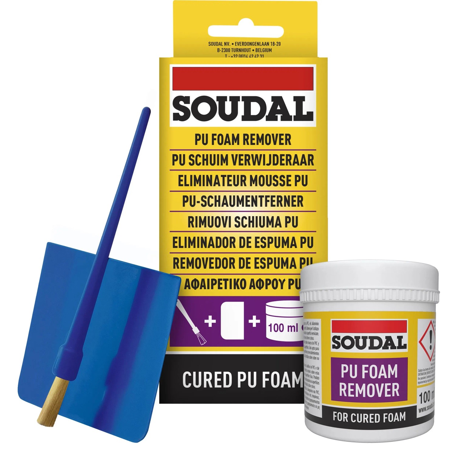 Soudal Rimuovi Schiuma PU 100 ml con spatola. Rimuove schiuma PU indurita da superfici.