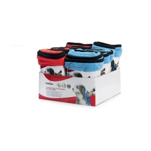 Salviette igieniche per cani rosse e blu, confezionate in scatola bianca.