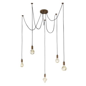 Moderna lampada a sospensione t.b.t. con cinque lampadine di forme diverse. Ideale per spazi abitativi.
