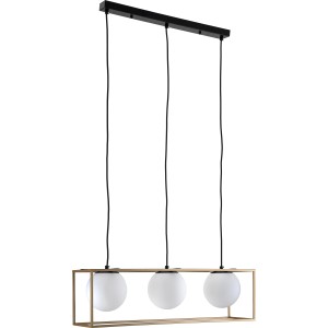 Lampada a sospensione moderna con tre globi bianchi in cornice dorata. Categoria: Sospensioni.