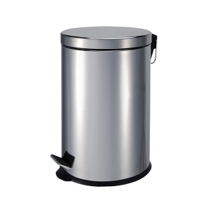 Cestino a pedale da bagno in metallo argentato, pattumiera rotonda per il bagno.
