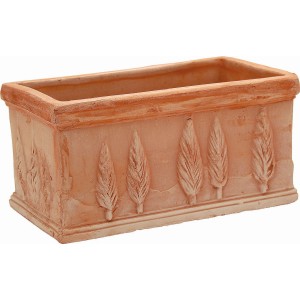 Fioriera rettangolare in terracotta con rilievo ad albero per balcone e giardino.