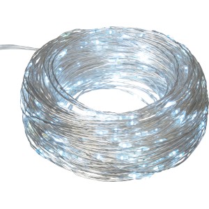 Catena luminosa da esterno argentata arrotolata con LED bianchi.