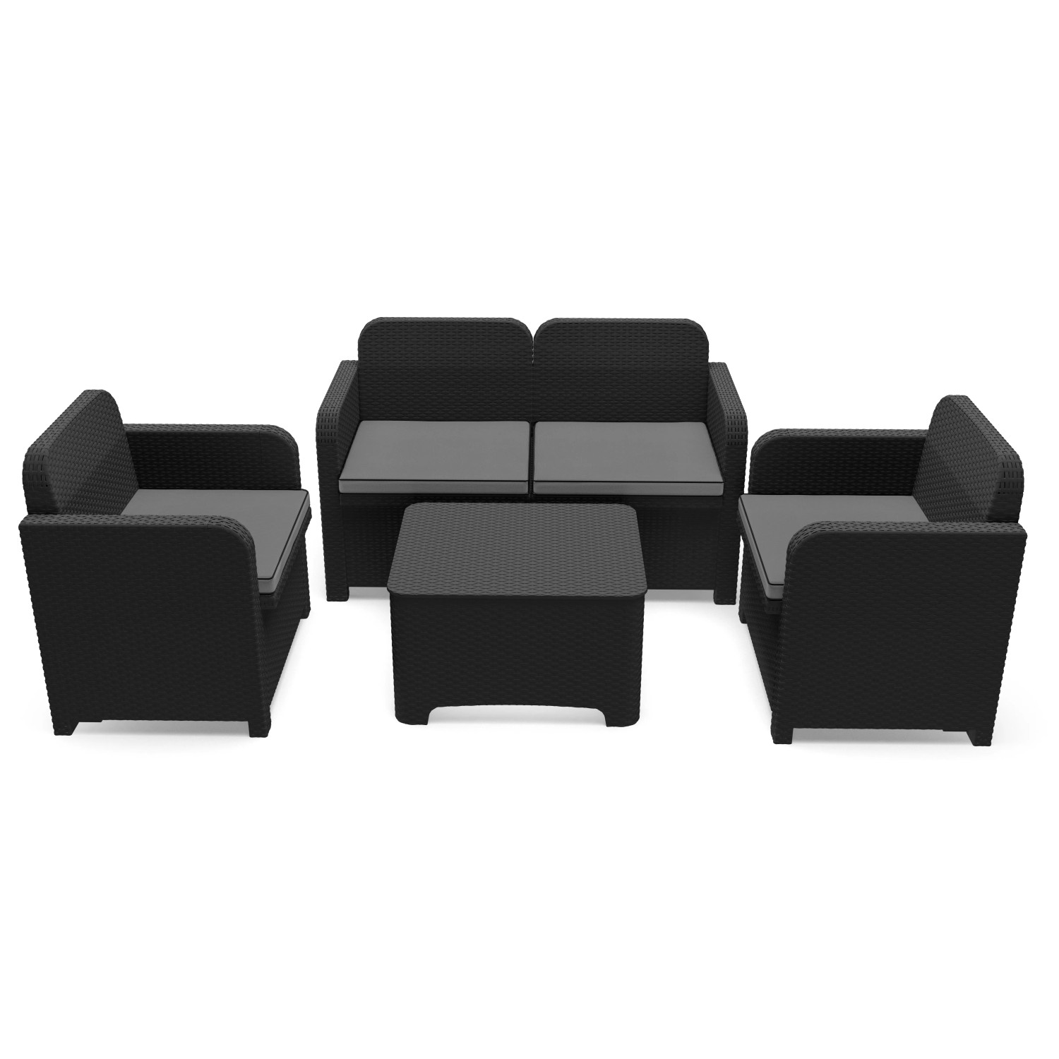 Set di mobili da giardino neri con divano, due poltrone e tavolo. Ideale per terrazza e giardino.