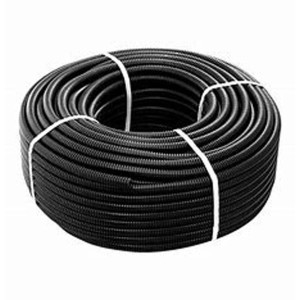 Tubi nero (tubo corrugato) arrotolato e fissato con fascette bianche.