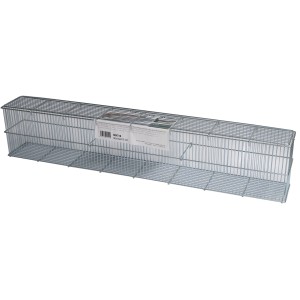 Cesto in filo metallico per gabbioni rettangolare color argento.