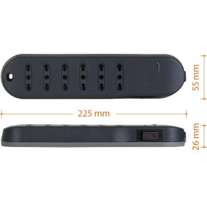 Immagine di una ciabatta grigia t.b.t. con sei prese e dettagli dimensionali.