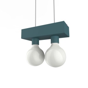 Moderna lampada a sospensione t.b.t. con due lampadine bianche rotonde e barra verde acqua.