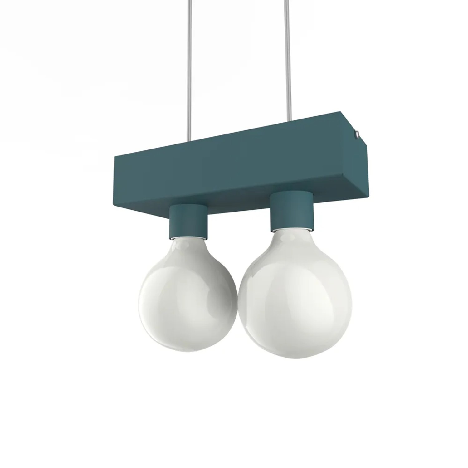 Moderna lampada a sospensione t.b.t. con due lampadine bianche rotonde e barra verde acqua.