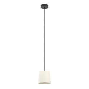Lampada a sospensione con paralume in tessuto, ideale per un'illuminazione interna elegante.