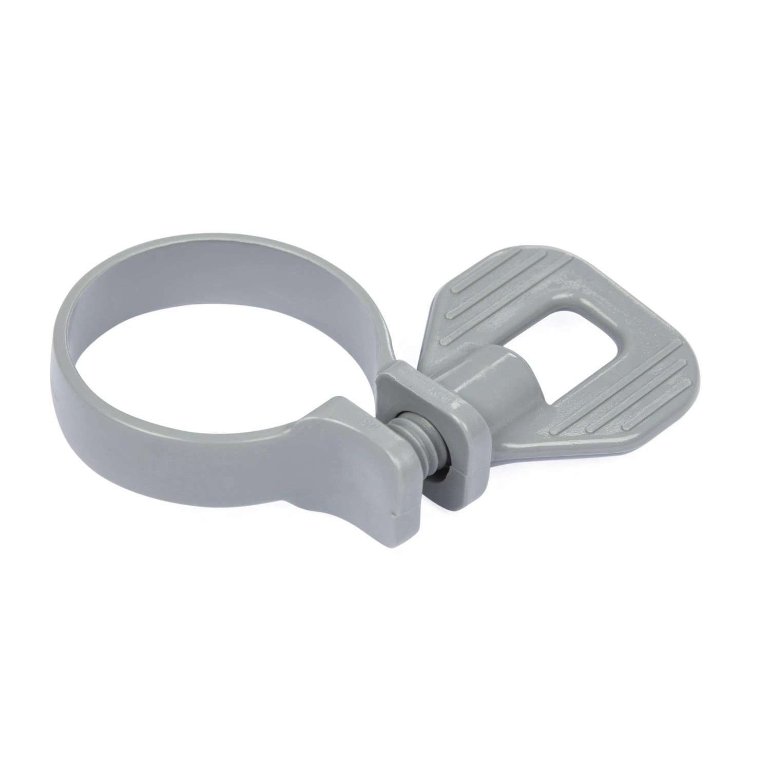 Morsetto per tubo grigio per pompa filtro Bestway Flowclear, primo piano.
