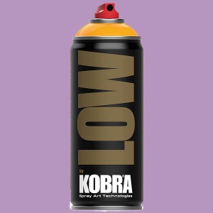 Vernice spray Kobra LOW, bomboletta nera con tappo giallo e ugello rosso.