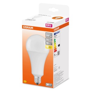 Lampadina LED E27 OSRAM nella confezione. Lampada LED a risparmio energetico per luce bianca calda.