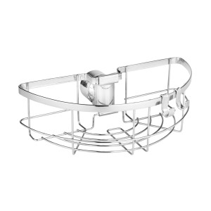 Mensola angolare per doccia cromata con ganci per accessori doccia.