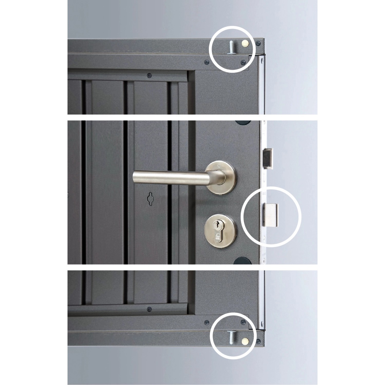 Dettaglio della porta della casetta da giardino Biohort HighLine in grigio quarzo metallizzato.