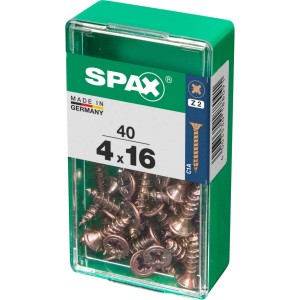 Viti per legno SPAX 4x16 mm, 40 pezzi in contenitore di plastica verde.
