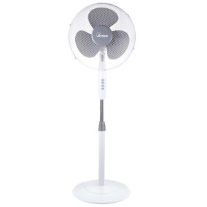 Ventilatore a piantana bianco con griglia di protezione per un utilizzo sicuro.