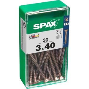 Viti per legno 3x40 mm in scatola verde Spax, adatte per collegamenti in legno.
